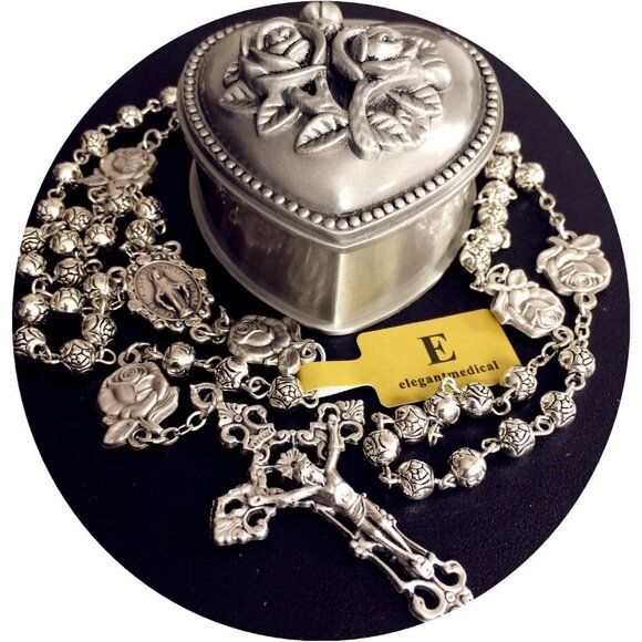 Handmade Silver Rose Beads Catholic 5 DECADE Rosary with Cross and Gift Box from - Picture 2 of 9